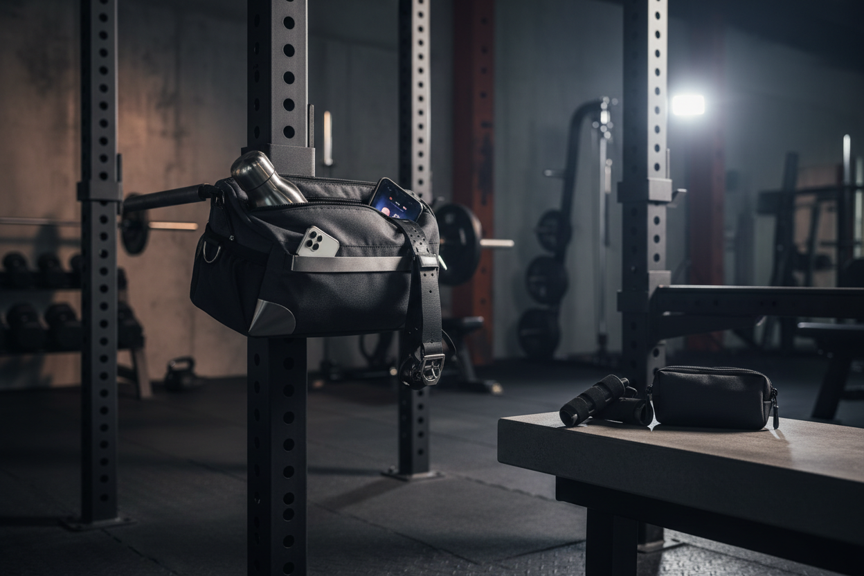 Create a premium gym lifestyle banner image for a fitness accessories brand.

Scene:
A modern, industrial-style gym environment.
A magnetic gym bag is attached to a metal squat rack at chest height, holding a water bottle, phone, and lifting straps.
Next to the bag, gym grips with a small carry pouch are visible as included accessories, placed naturally and secondary in focus.

